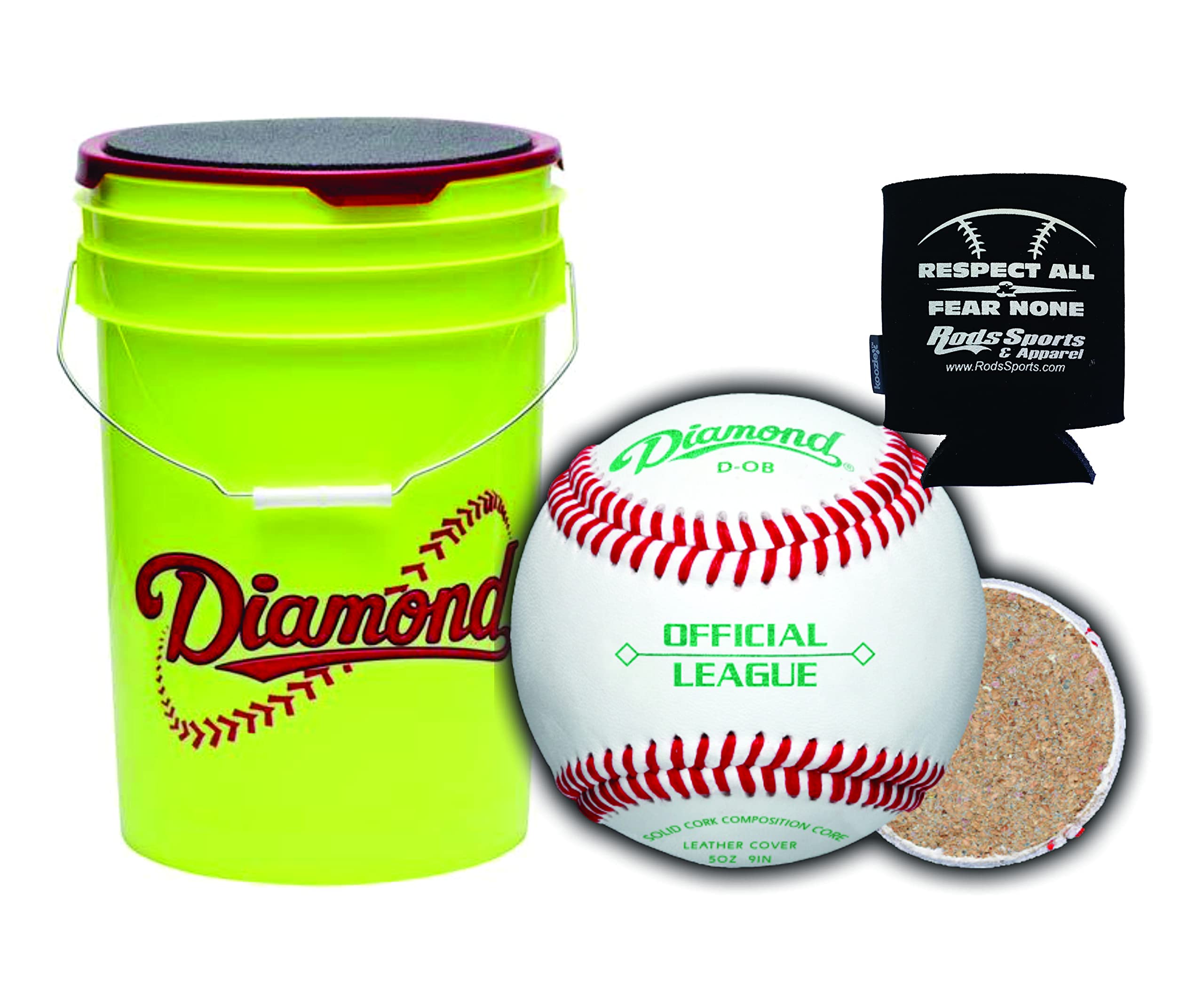 Premium Diamond Sports D-OB DOB Baseballs - 30 Official Game Balls in 6-Gallon Yellow Cushion Lid Bucket with Rods & Insulated Can Sleeve | Perfect for Baseball Practice, Training & Field Equipment Storage