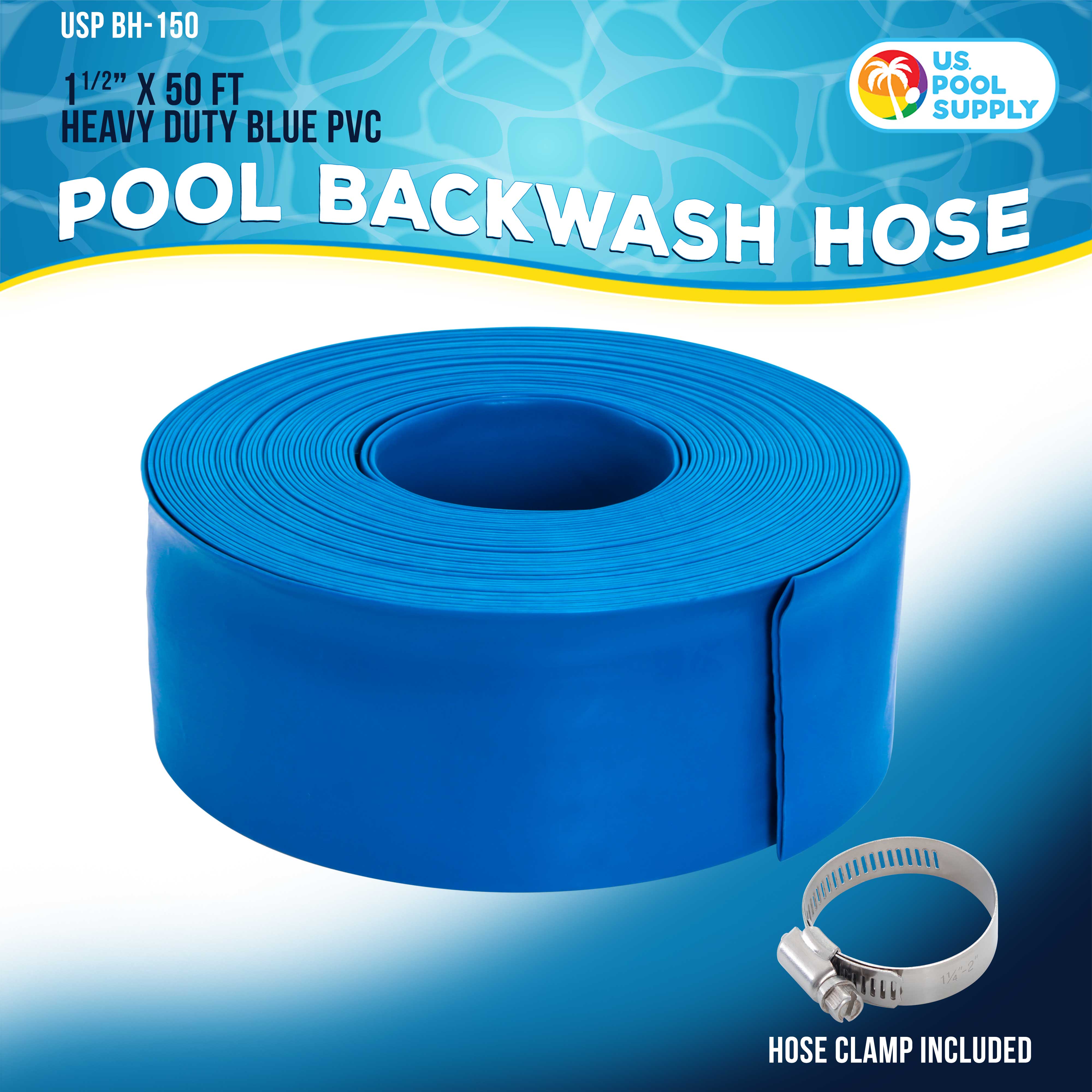 Heavy Duty 1.5 Inch x 50ft Blue Backwash Hose for Swimming Pools with Hose Clamp | Durable Pool Maintenance Equipment for Water Filtration & Cleaning | Perfect for Inground & Above Ground Pools