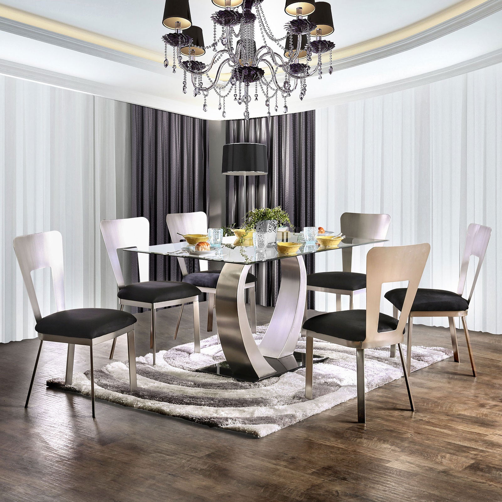 Modern Silver Metal 2-Piece Dining Chair Set with Black Microfiber Upholstery - Keyhole Back Design & Satin Powder Coating - Perfect for Kitchen, Dining Room, or Breakfast Nook Seating