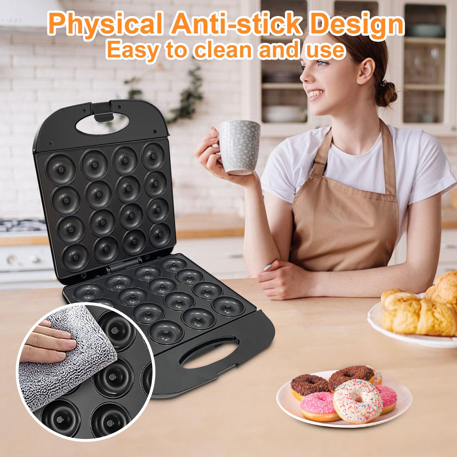2025 Mini Donut Maker Machine - 16-Hole Electric Donut & Pancake Maker for Home Use, Non-Stick Surface, Kid-Friendly Design with Mini Oven Gloves & Brush (Black) - Perfect for Breakfast, Snacks, Birthday Parties & Family Baking Activities