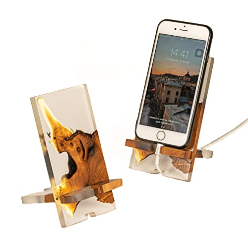 RWA Resin & Wood Cell Phone Stand for Desk - Unique Portable Phone Holder, Foldable Universal Stand Compatible with iPhone 14/13 Pro/Pro Max/12 & iPad Mini (BREEZE Transparent) | Perfect for Office, Home, Bedside & Travel Use