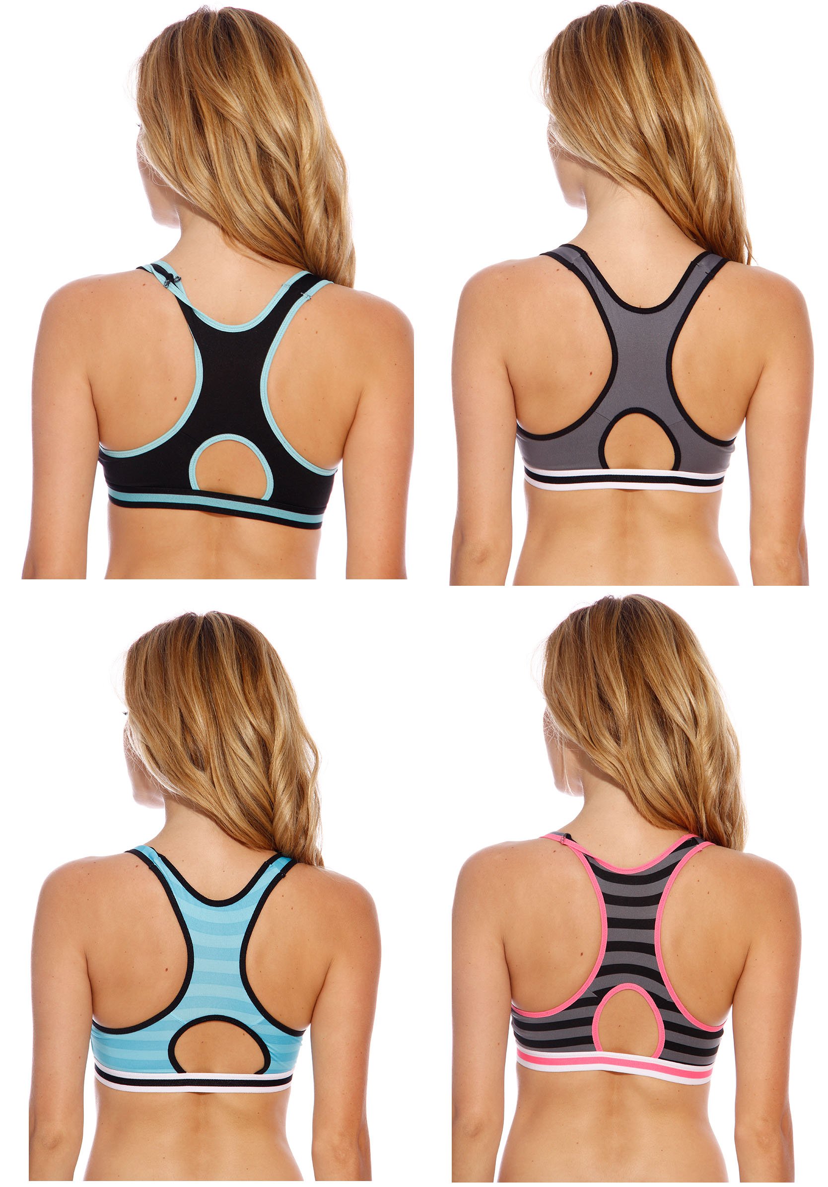 High Support Racerback Sports Bras for Women - 4 Pack - Moisture Wicking & Breathable Workout Bras for Running, Yoga, Gym & Activewear