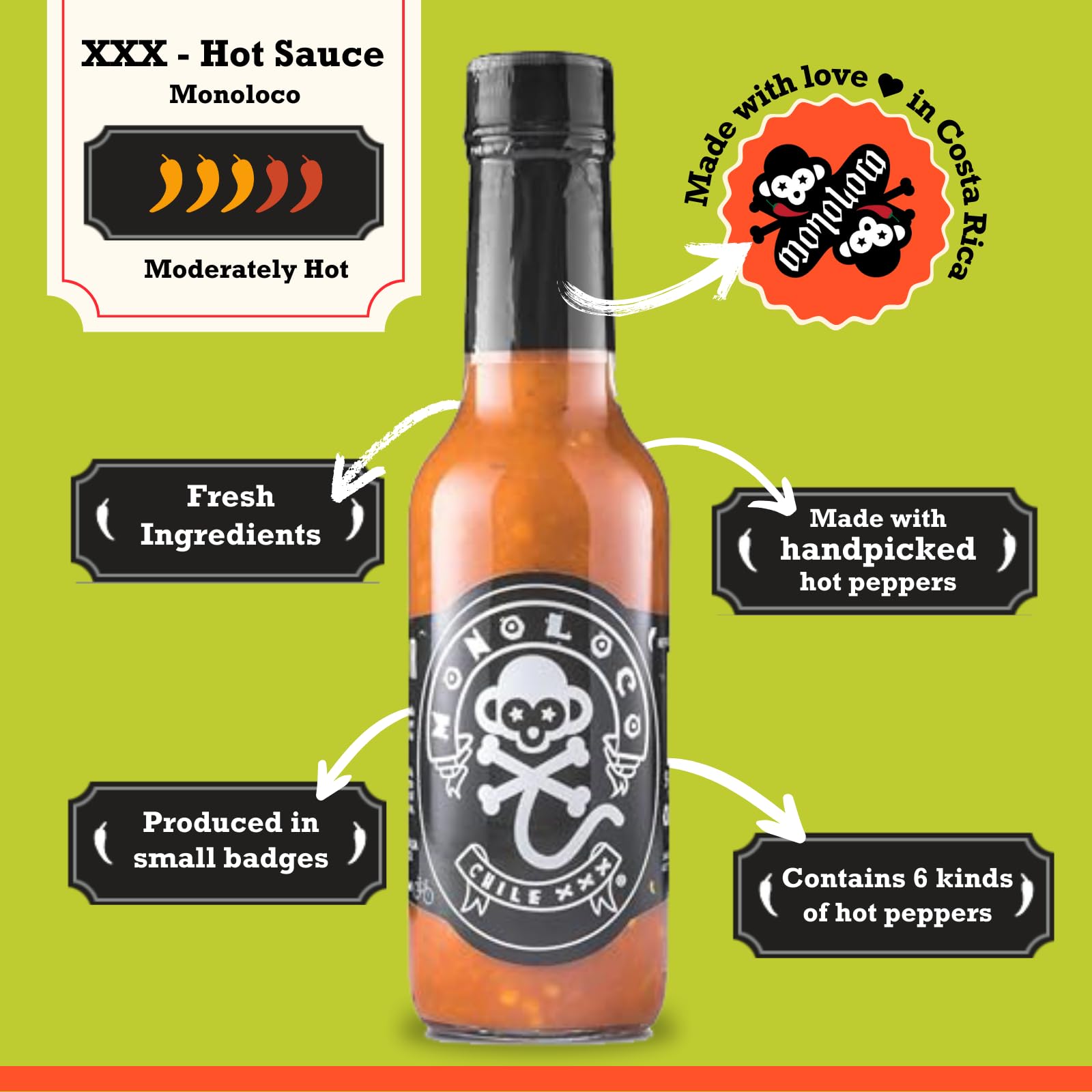 Chile Monoloco - XXX Hot Sauce | 6 Pepper Blend (Scotch Bonnet, Jalapeno, Aji, Rocoto, Cayenne, Ghost Pepper) | Mild Heat | 5oz Glass Bottle | Perfect for Tacos, Wings & Bloody Marys