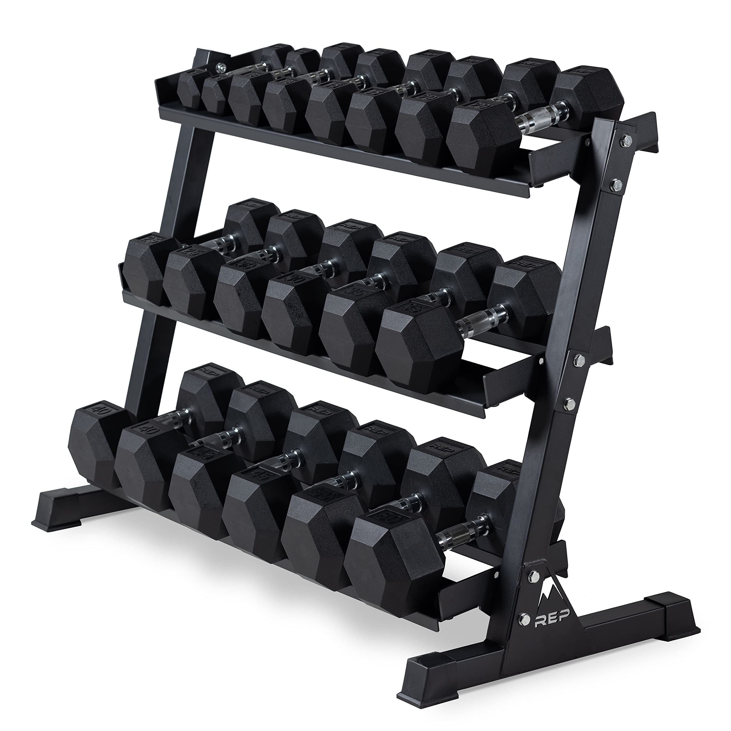 REP FITNESS 5-50LB Adjustable Dumbbell Set with Matte Black 3-Tier Storage Rack - Home Gym Equipment for Strength Training & Weightlifting Workouts