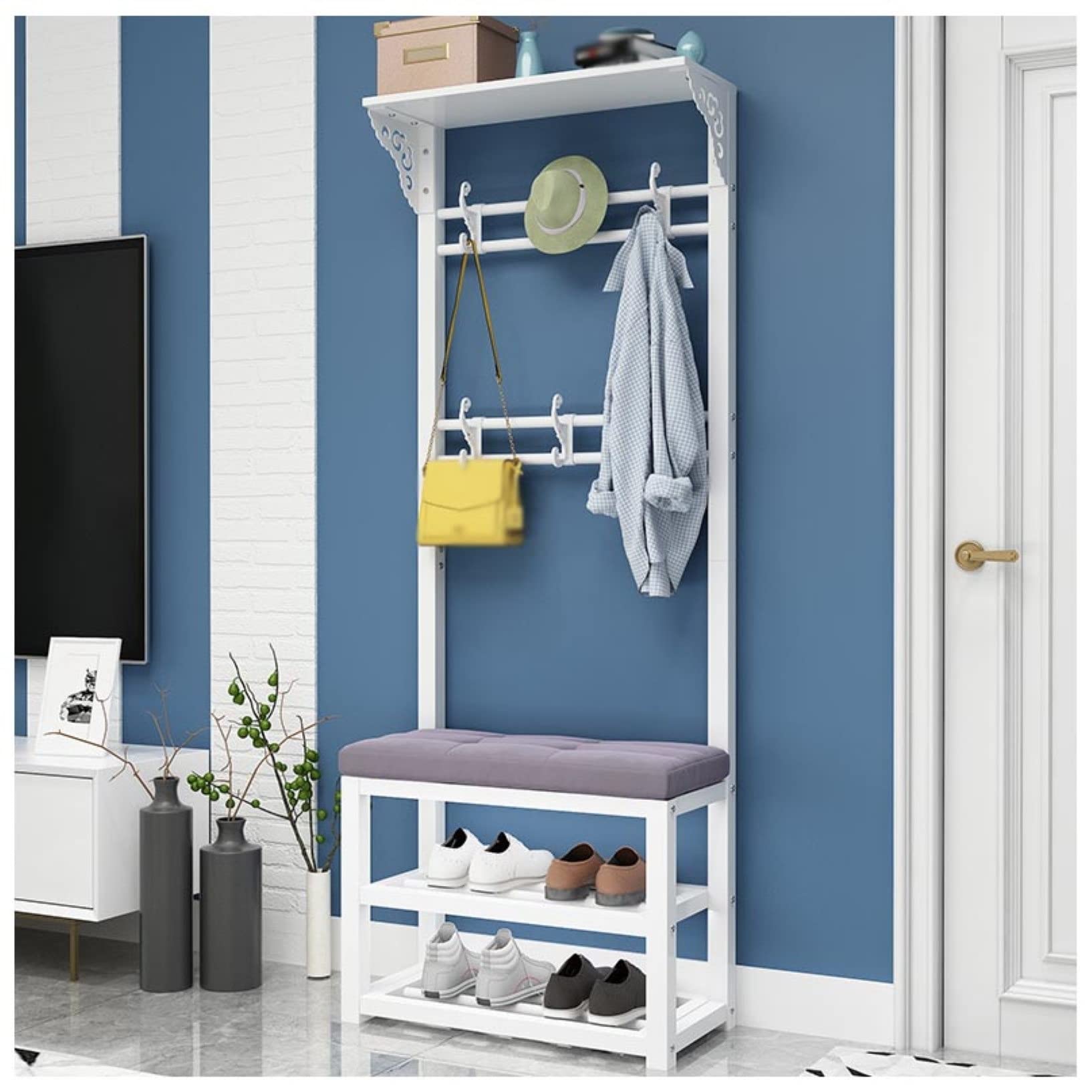 3-in-1 Bamboo Entryway Organizer - Coat Rack with Shoe Bench & Storage Shelf, 6 Double Hooks, Easy Assembly (Gray, 60x30x172cm) - Perfect for Entrance, Foyer, Mudroom & Small Space Organization