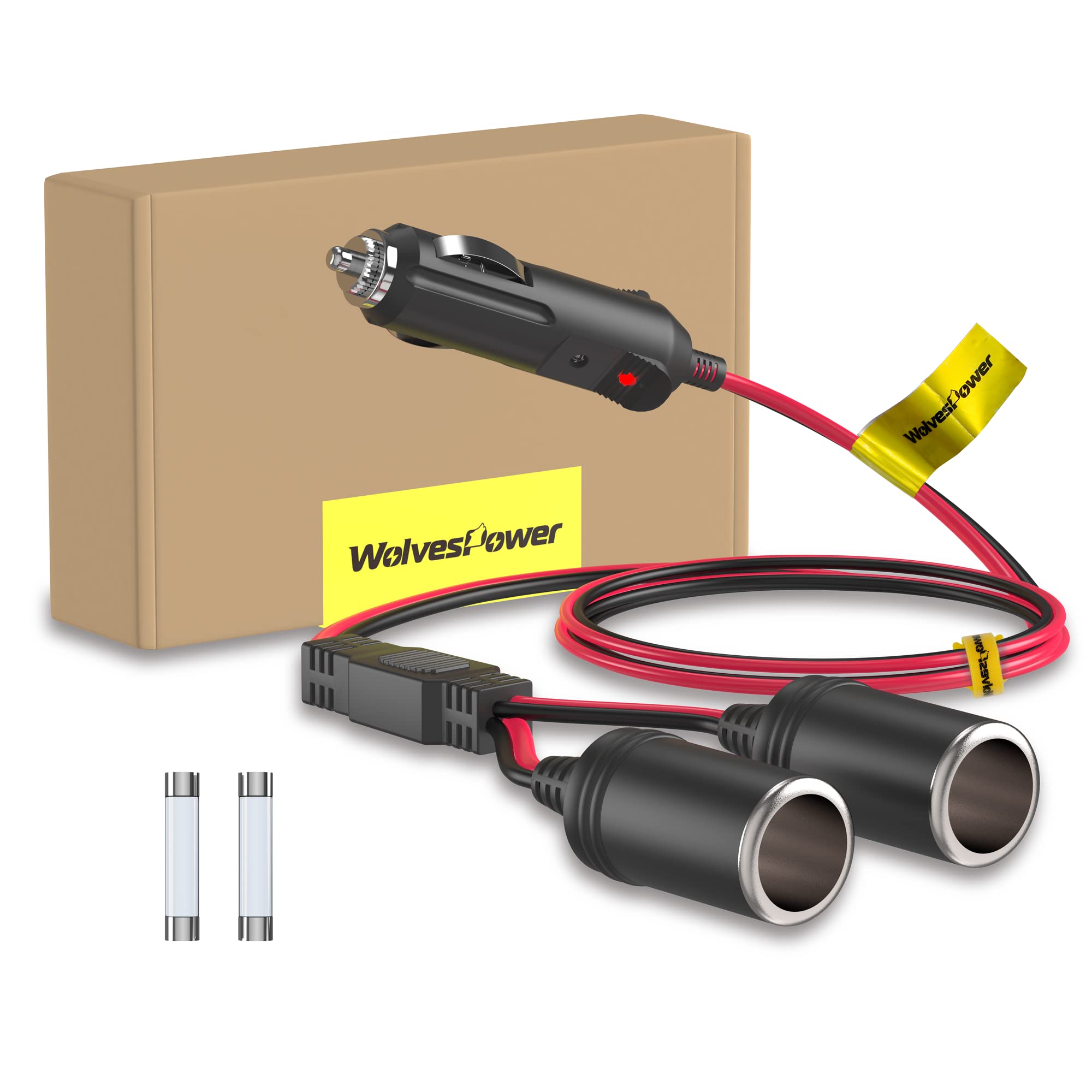 WolvesPower 3FT 12V/24V Cigarette Lighter Splitter - Dual USB Car Charger Adapter with 14AWG 15A Fuse, Male to 2 Female Sockets for Truck, RV, Boat - Perfect for Charging Phones, GPS & Car Accessories On The Go