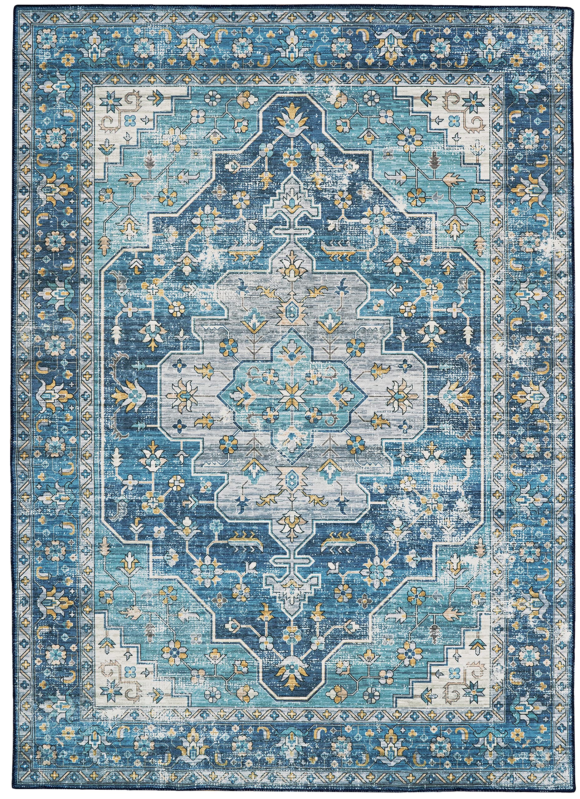 Linon Home Decor Washable Area Rug 5' x 7' - Firenze Teal & Ivory Indoor/Outdoor Rug - Perfect for Living Room, Bedroom, Patio & High Traffic Areas