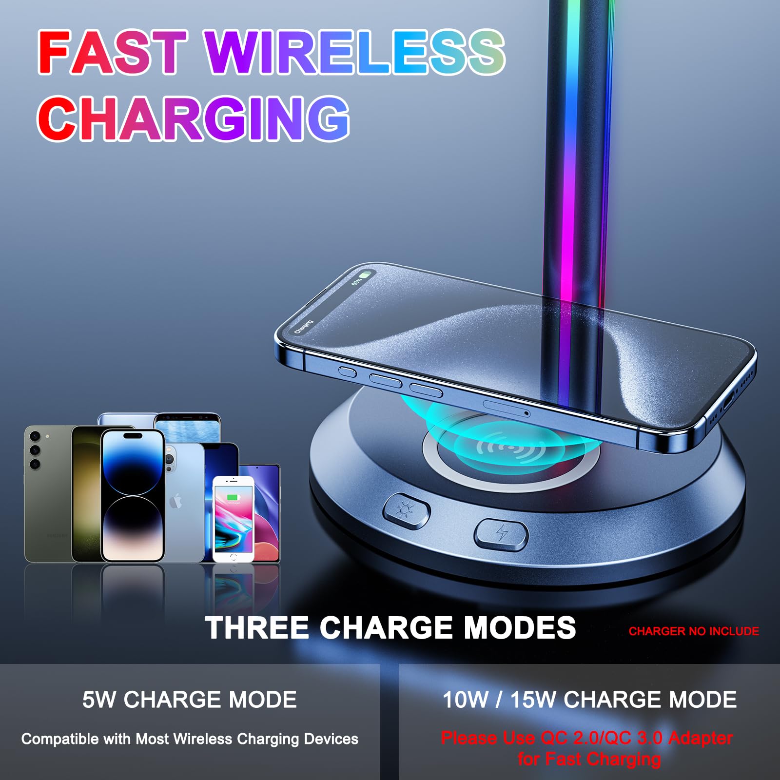 Premium RGB Gaming Headphone Stand with 15W Fast Wireless Charger & 3-Port Hub (2 USB-C + 1 USB) - Weighted Non-Slip Base for All Headsets - Perfect for Gaming Setup & Office Desk Organization