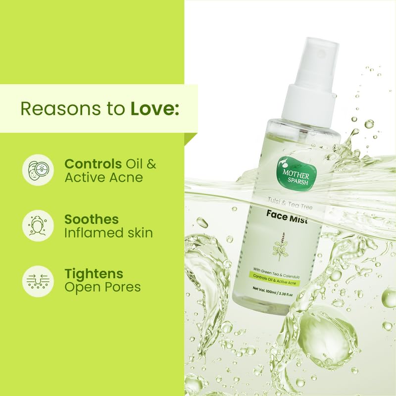 Mother Sparsh Tulsi & Tea Tree Face Mist | Alcohol-Free Toner with Green Tea & Calendula for Sensitive Skin | Pore Minimizer & Skin Soother | Lightweight Non-Sticky Formula | 100ml | Perfect for Daily Skincare, Post-Workout Refresh & Travel Essentials