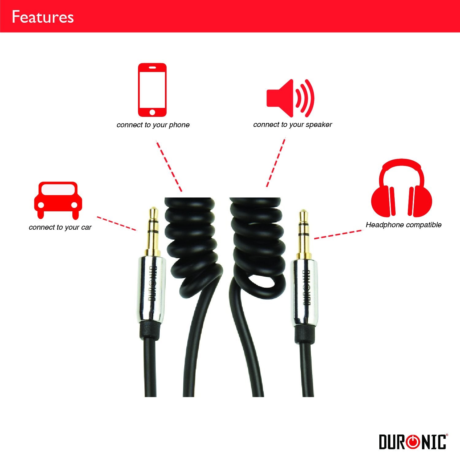 Duronic 2M Aux Audio Cable | 3.5mm Male to Male Stereo Extension Cord | Coiled Aux Cable Extends to 2 Meters for Headphones, Speakers, Car Audio | Perfect for Music, Gaming, Home & Car Entertainment Systems