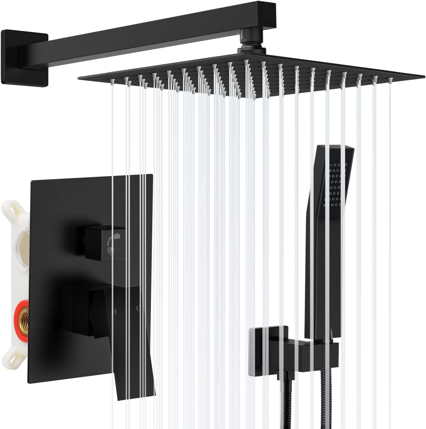 Qomolangma 10 Inch Black Rain Shower System - Wall Mounted Bathroom Faucet Set with Pressure Balance Valve, 2-Function Shower Head (Rain & Handheld Spray) - Perfect for Modern Home Spa & Luxury Bathroom Renovation