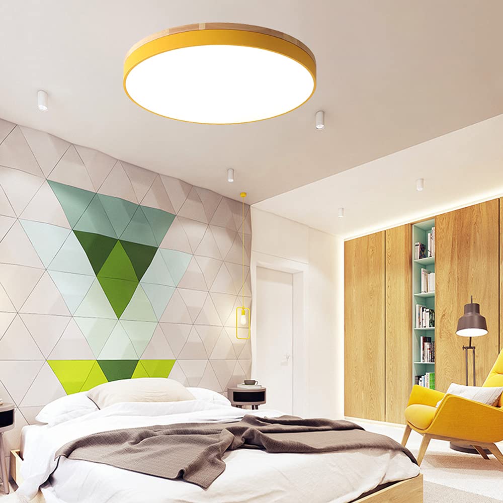 Ultra Thin Round Flush Mount LED Ceiling Light with Wooden Frame - 3 Color Temperature Dimmable with Remote Control - Perfect for Kitchen, Living Room, Bedroom & Hallway Lighting