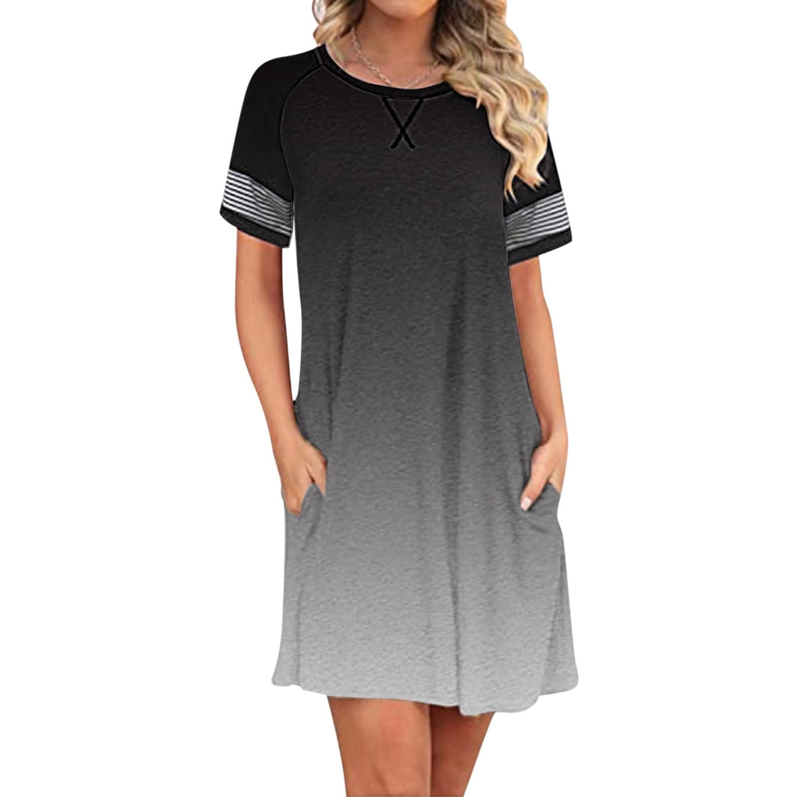 Women's Summer Floral Loose Fit Short Sleeve Maxi Dress with Side Slit - Knee Length Boho Chic Dress for Beach, Vacation & Casual Wear
