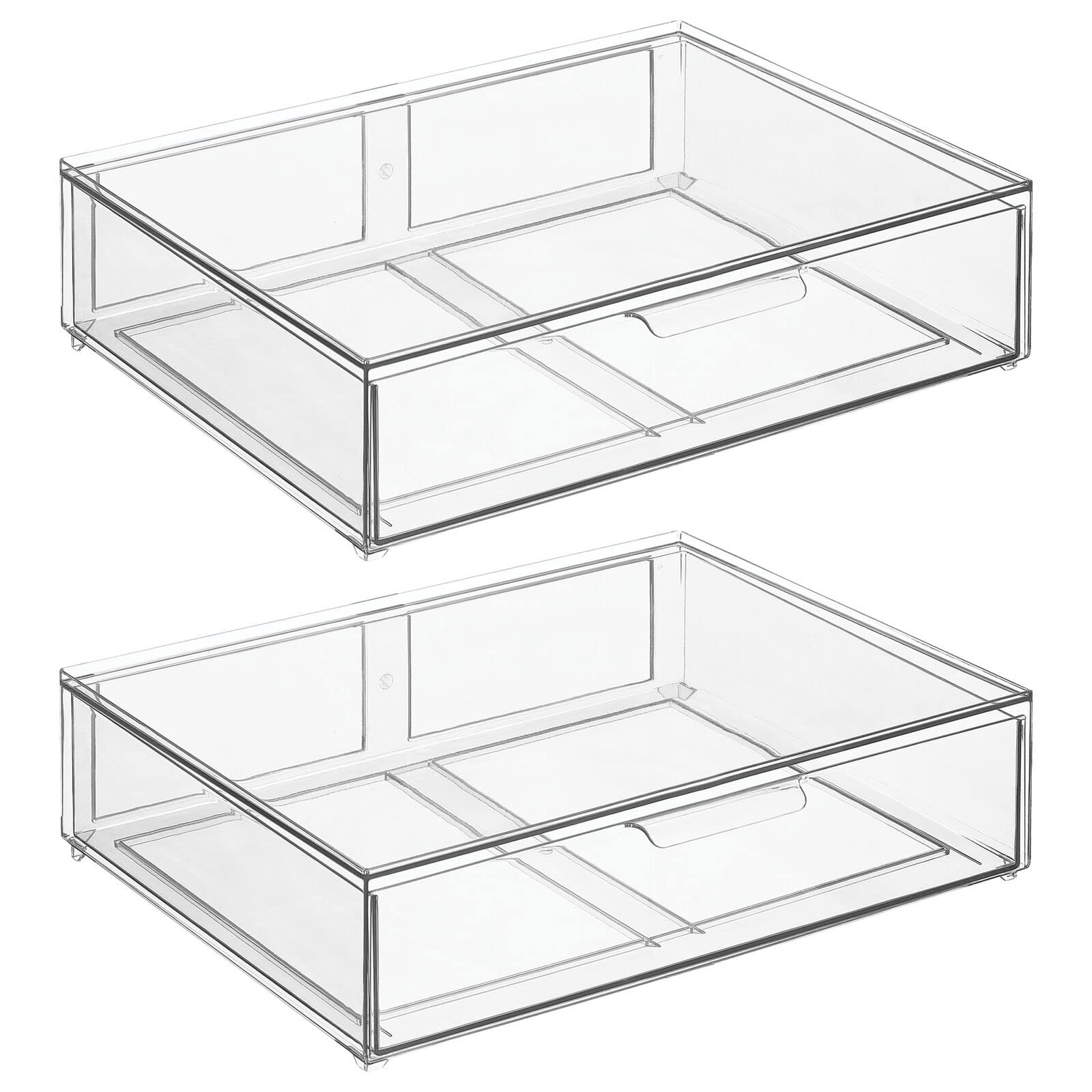 mDesign Wide Plastic Stackable Bathroom Storage Organizer Bin with Pull-Out Drawer - 2 Pack Clear - Cabinet, Vanity, Shelf & Closet Organization - Perfect for Bathroom, Bedroom & Laundry Room Storage Solutions