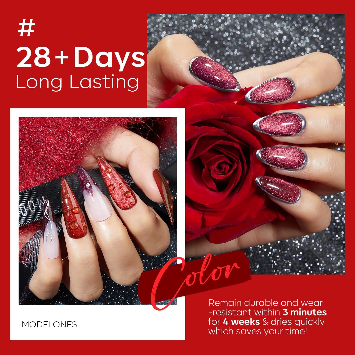 Modelones 6PCS Gel Nail Polish Set - Red Burgundy Purple Glitter & Cat Eye Chameleon Shimmer Soak Off LED UV Nail Art Kit for Manicure Salon & DIY Home Nail Care | Perfect Gift for Nail Lovers