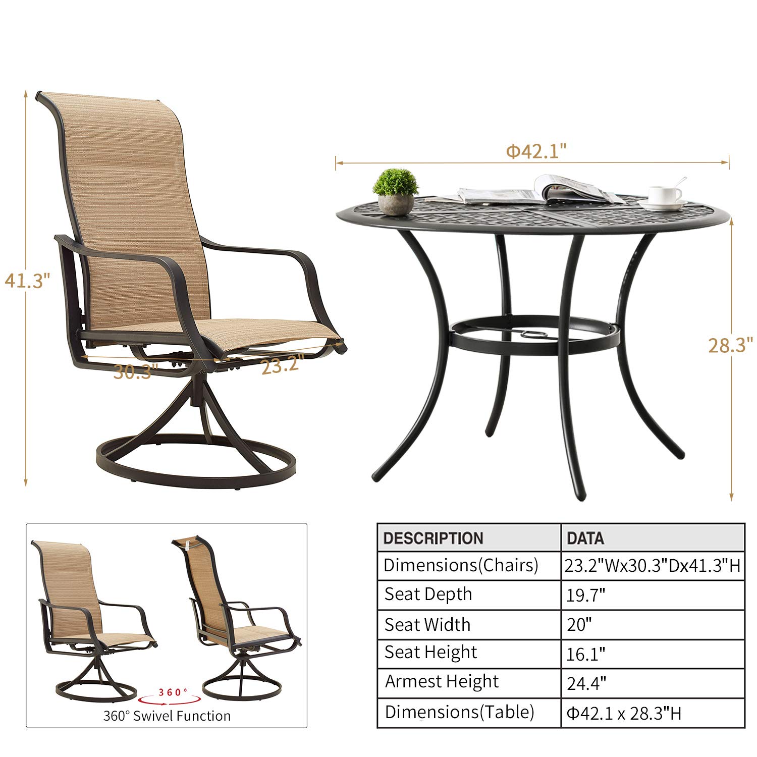 Outdoor Patio Dining Set 5-Piece with Swivel Rocker Chairs & Round Metal Table - All-Weather Beige Furniture for Backyard, Garden, and Poolside Relaxation