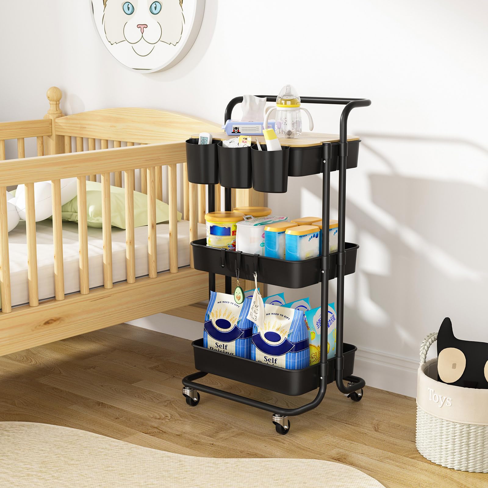 3 Tier Rolling Utility Cart with Lockable Wheels, Metal Handle & Plastic Storage Baskets - Perfect for Kitchen, Bathroom, Office & Classroom Organization - Black