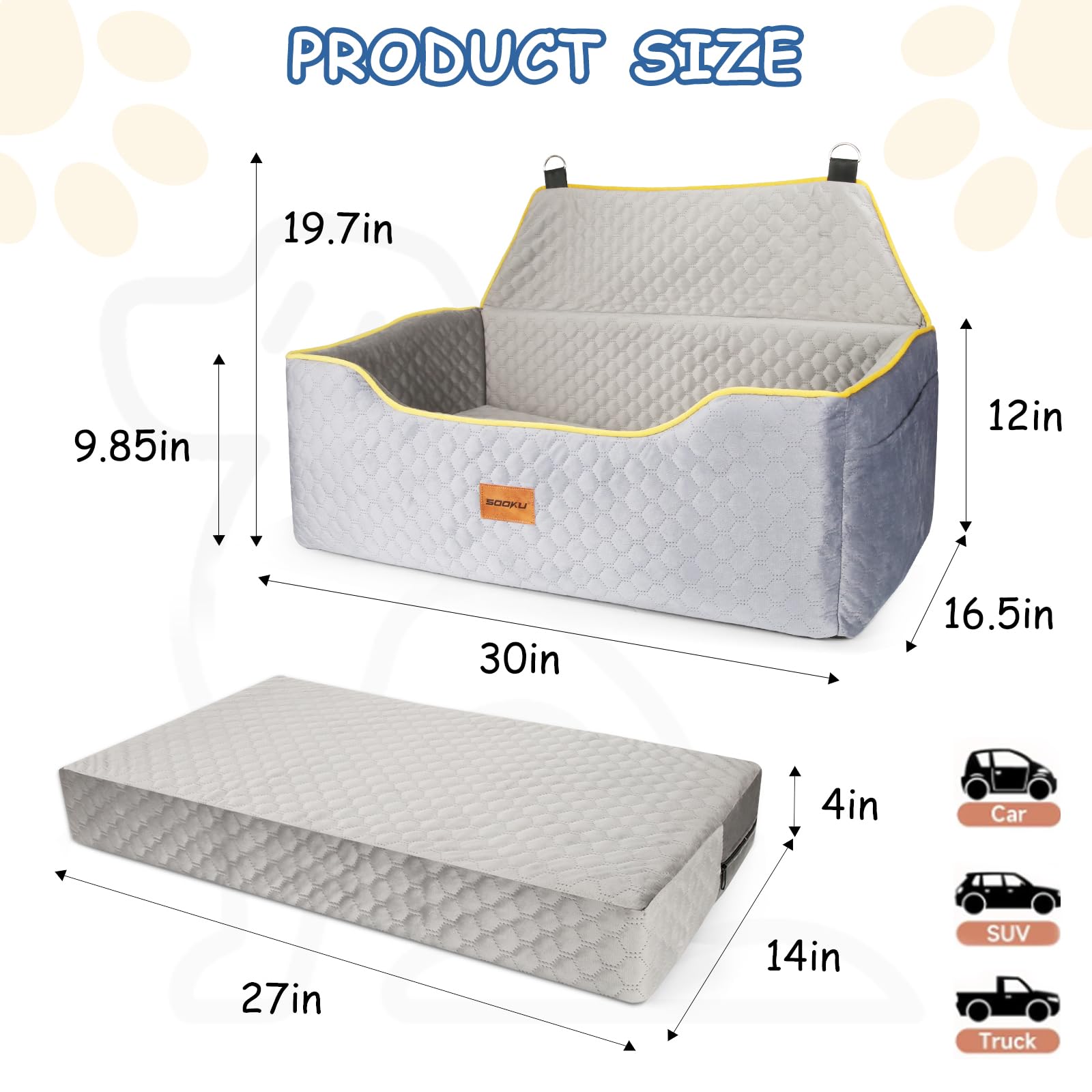 Memory Foam Dog Car Seat for Large/Medium Dogs or 2 Small Pets - Washable & Detachable Pet Booster Seat for Back Seats - Travel Safe Dog Carrier for Road Trips & Daily Commutes