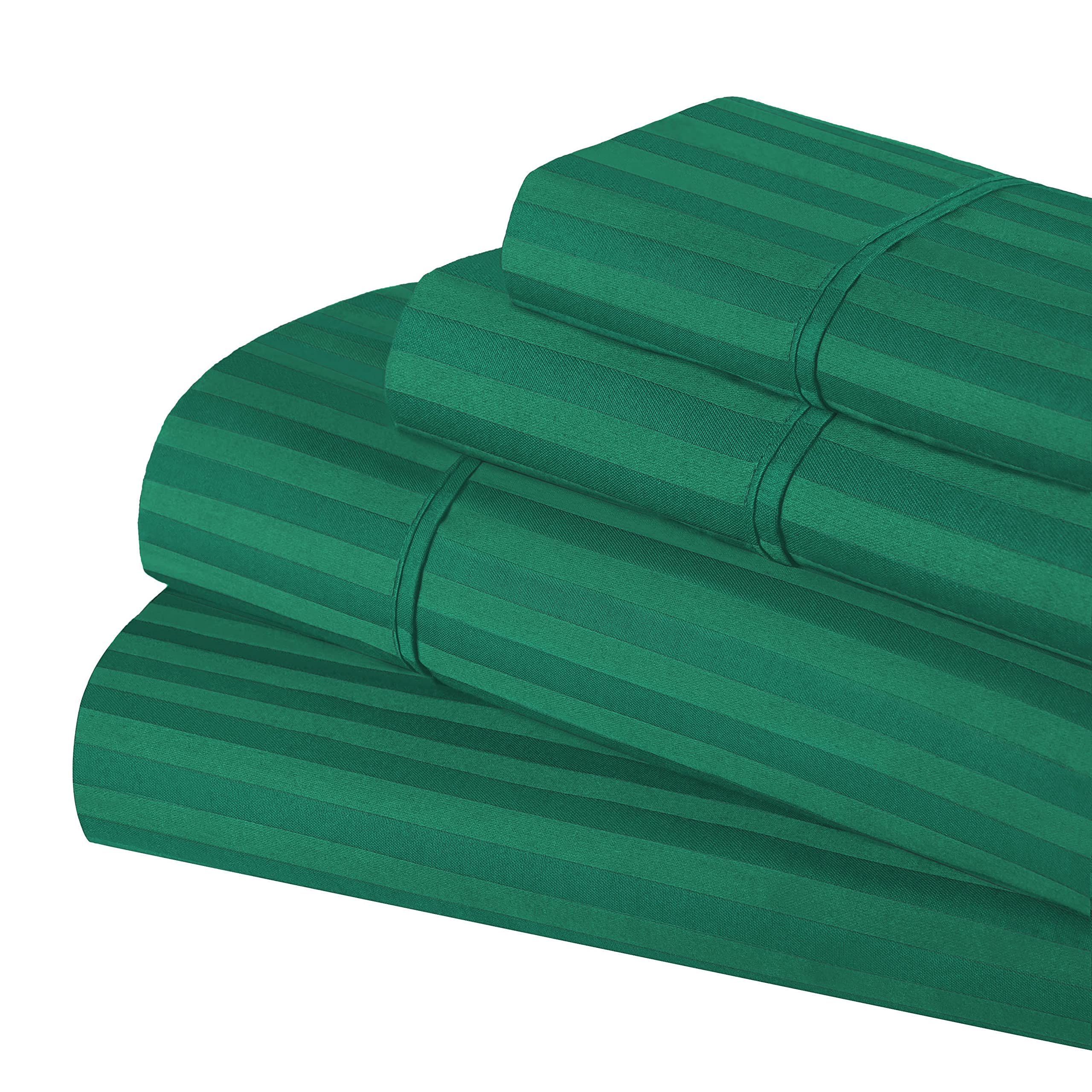 Premium 300-Thread Count Striped King Size Sheet Set - 100% Long-Staple Cotton Bed Sheets in Hunter Green - Soft & Breathable for Ultimate Comfort - Perfect for Master Bedroom, Guest Room, or Luxury Hotel Use