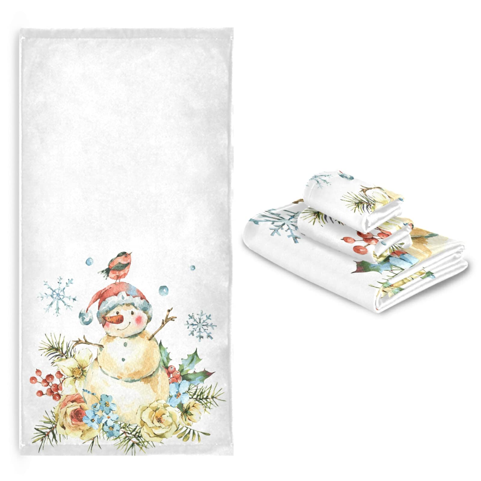 ASLSIY 3-Piece Winter Snowman Snowflakes Flowers Birds Bath Towel Set - Soft, Durable Christmas Snow Rose Berry Pine Hand Towels for Home, Bathroom, Hotel, Gym, Swim & Spa Decor - Perfect for Holiday Gifts & Seasonal Decorations