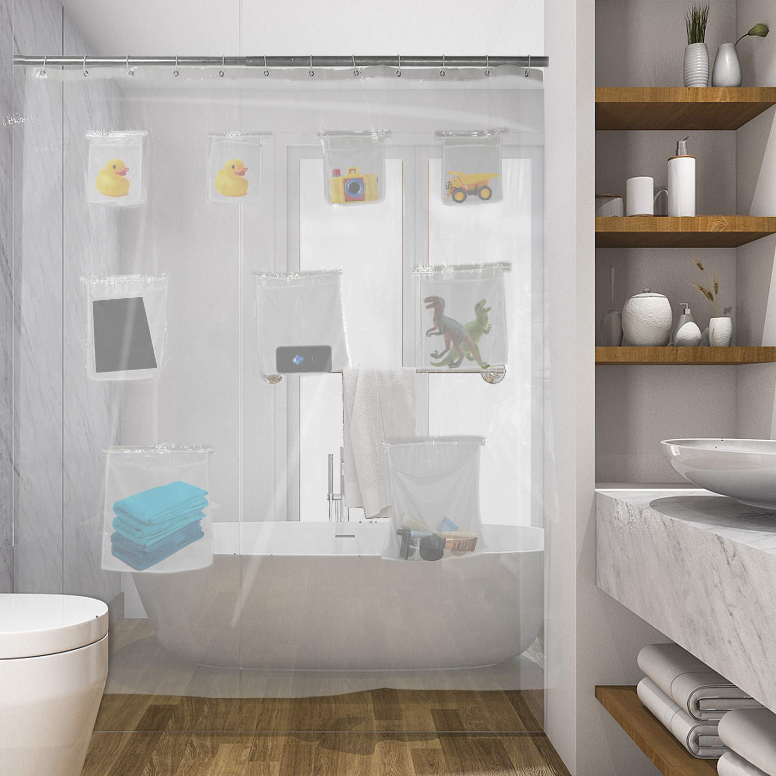 Clear PEVA Plastic Shower Curtain Liner - 71x71 Inch Quick Dry Bathroom Shower Curtain with 9 Storage Pockets for Shower Stall & Bathtub - Perfect for Small Bathrooms, Apartments & Dorm Rooms