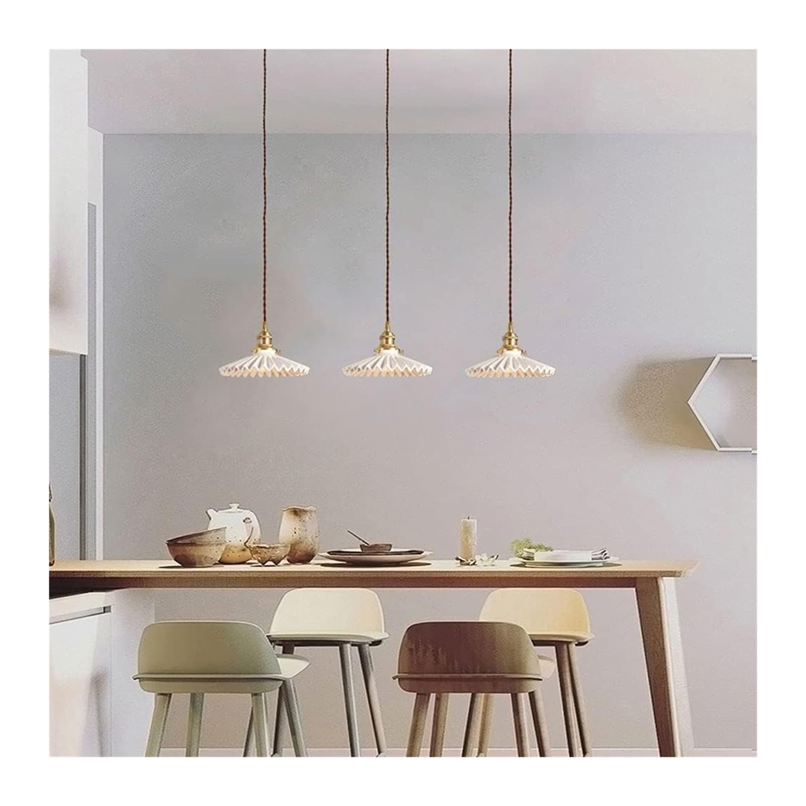 Vintage Gold Farmhouse Pendant Light - Adjustable Glass Single Hanging Chandelier with Pleated Ceramic Shade for Bedroom, Kitchen, Dining Room & Living Room Lighting (White)