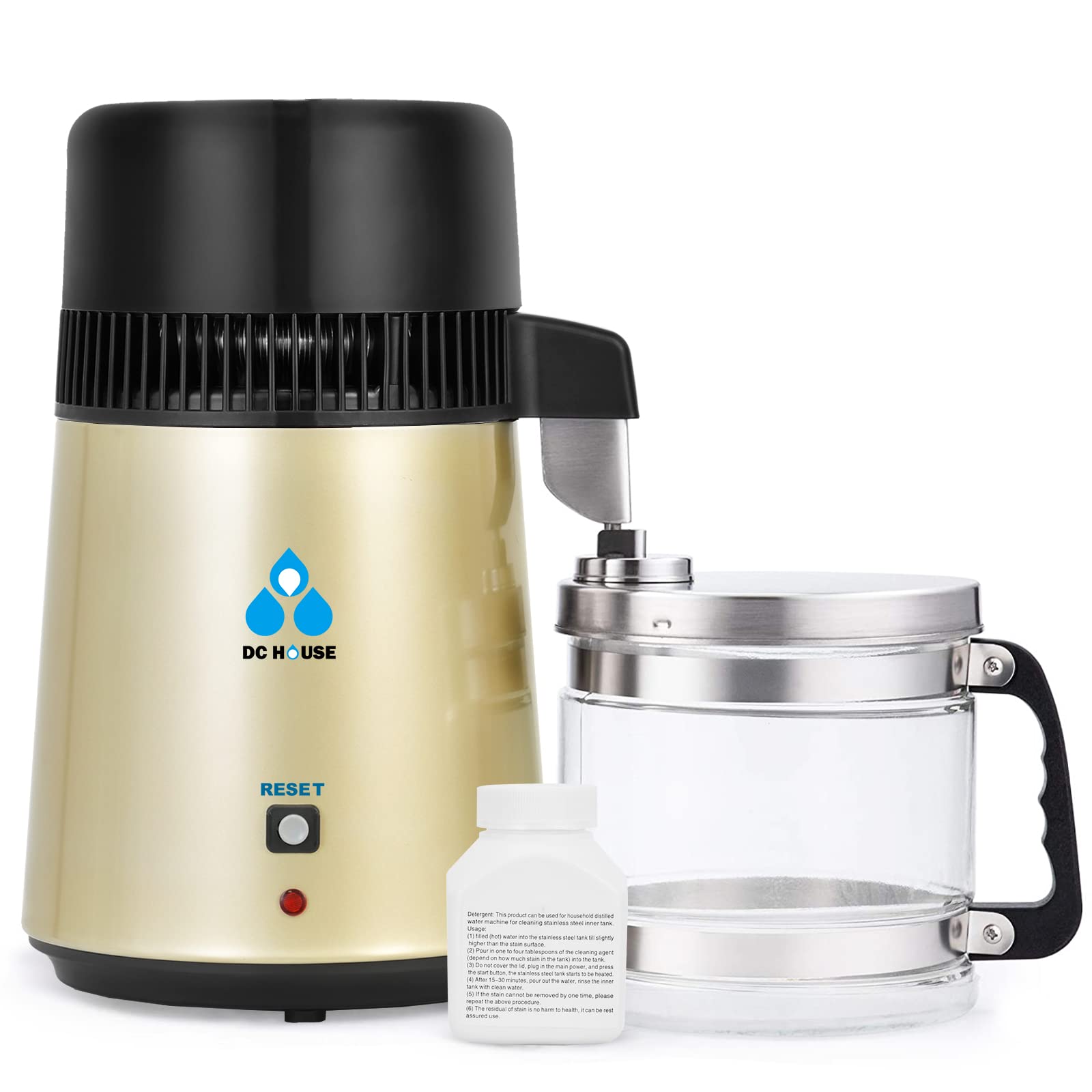 DC HOUSE 1 Gallon Water Distiller Machine - 304 Stainless Steel 4L Countertop Distiller with Glass Container, 750W for Pure Drinking Water - Perfect for Home, Office, and Emergency Preparedness