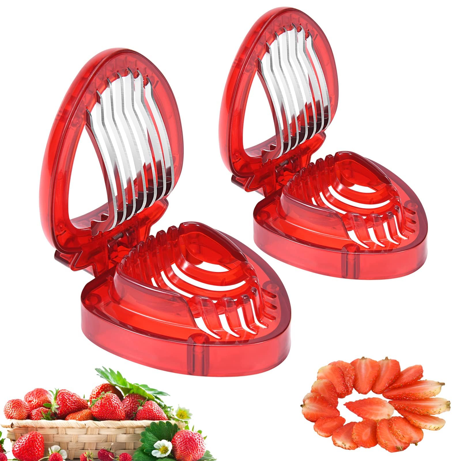 2 Pack Stainless Steel Strawberry Slicer - Fruit Cutter for Berries, Eggs & More | Kitchen Gadget Set for Kids & Adults | Perfect for Salads, Baking & Meal Prep