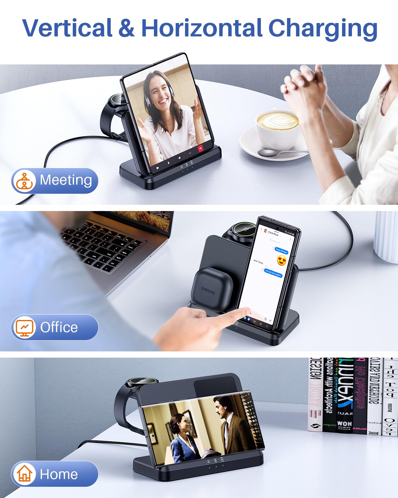 3-in-1 Wireless Charging Station for Samsung - Fast Qi Charger for Galaxy Watch Ultra/7/6/5, S24 Ultra/S23/S22/S21, Z Fold/Flip 6/5/4/3 & Buds | Nightstand Charger for Bedroom, Office & Travel (Black)