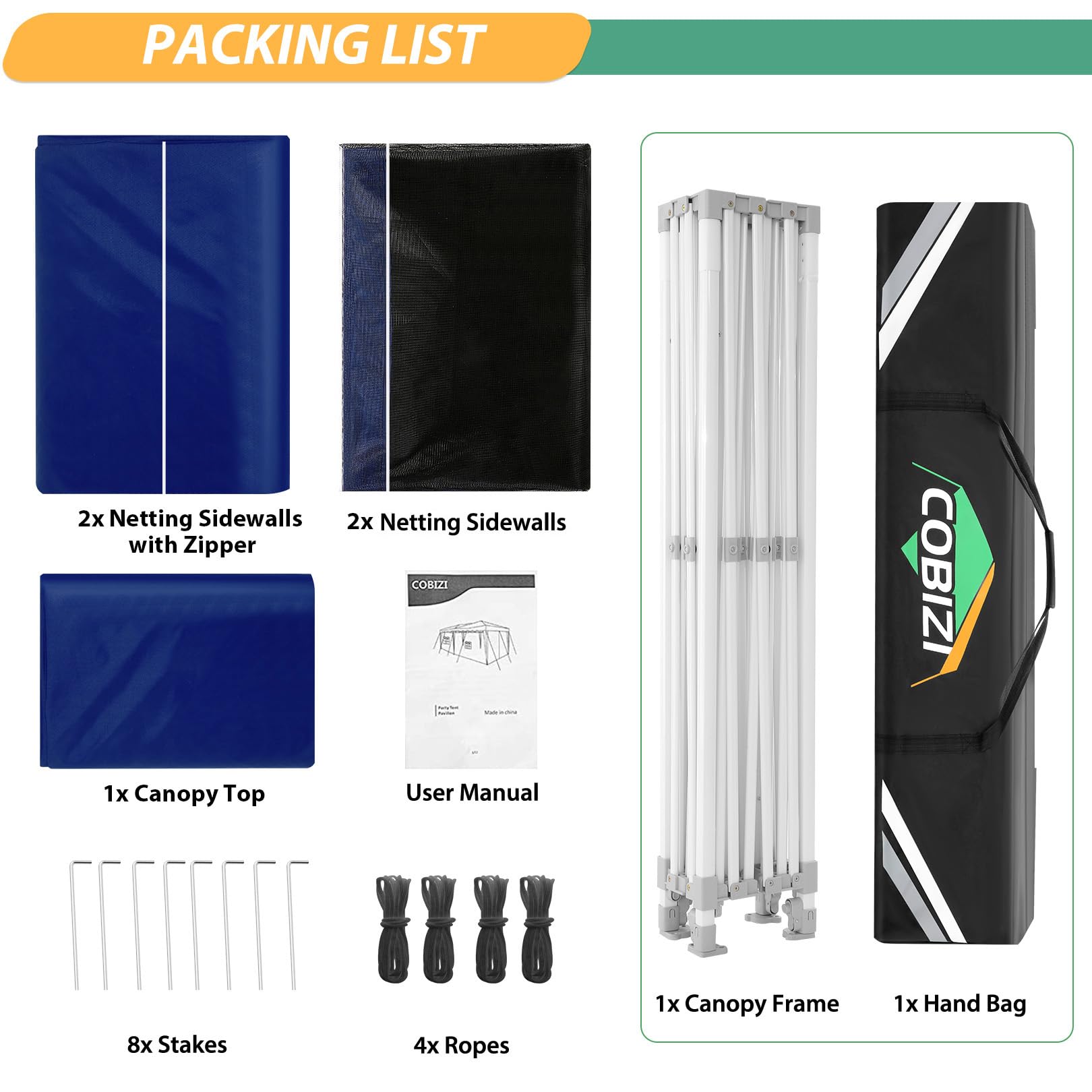 COBIZI 10x15 Pop Up Canopy Tent with 4 Sidewalls - Heavy Duty Instant Outdoor Shelter with Mosquito Net & Carry Bag | Perfect for Backyard Parties, Camping, Beach Outings & Outdoor Events (Deep Blue)