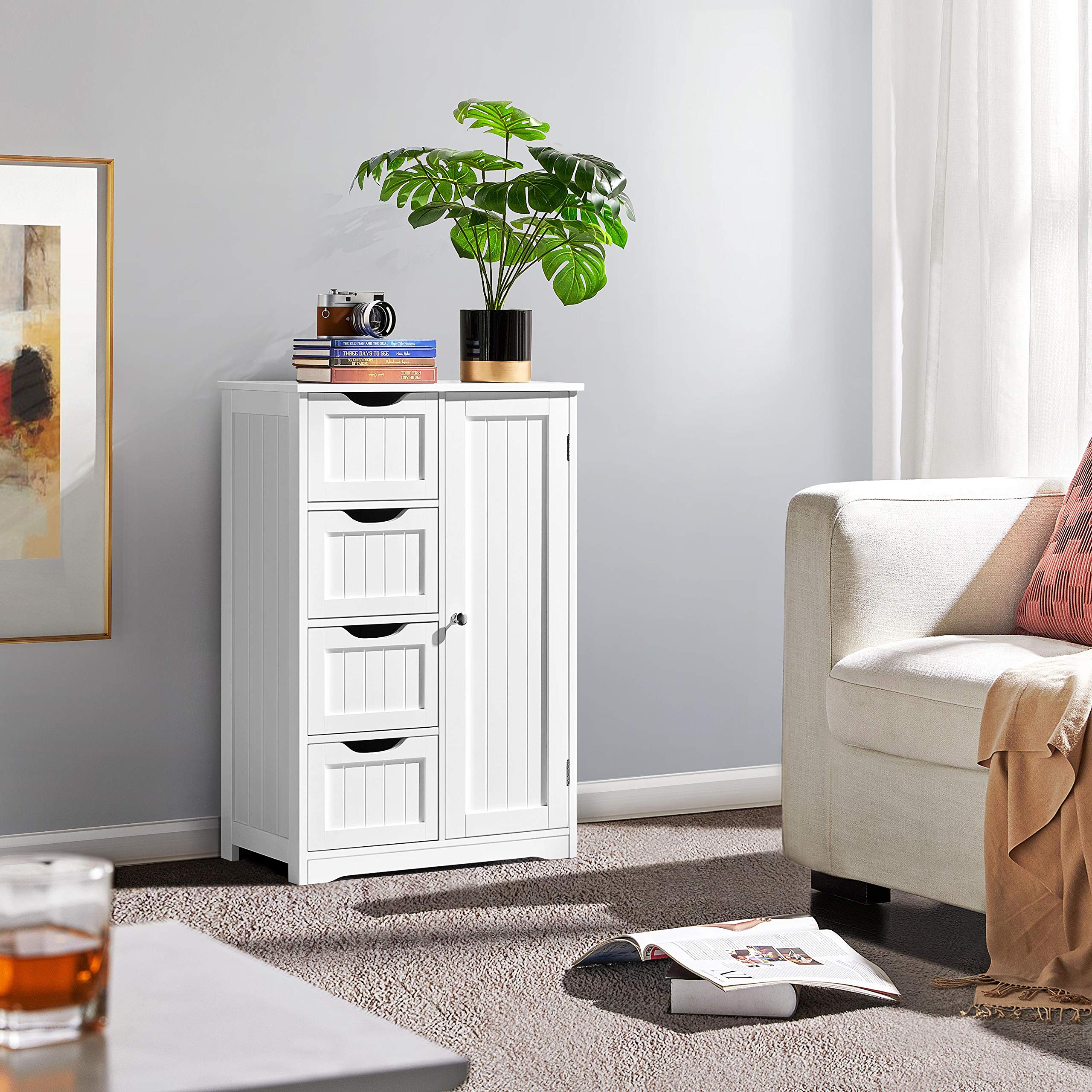 Yaheetech White Wooden Floor Cabinet - 4 Drawers & 1 Cupboard Storage Organizer, Freestanding Entryway Console Table for Bathroom, Living Room, Bedroom & Home Decor