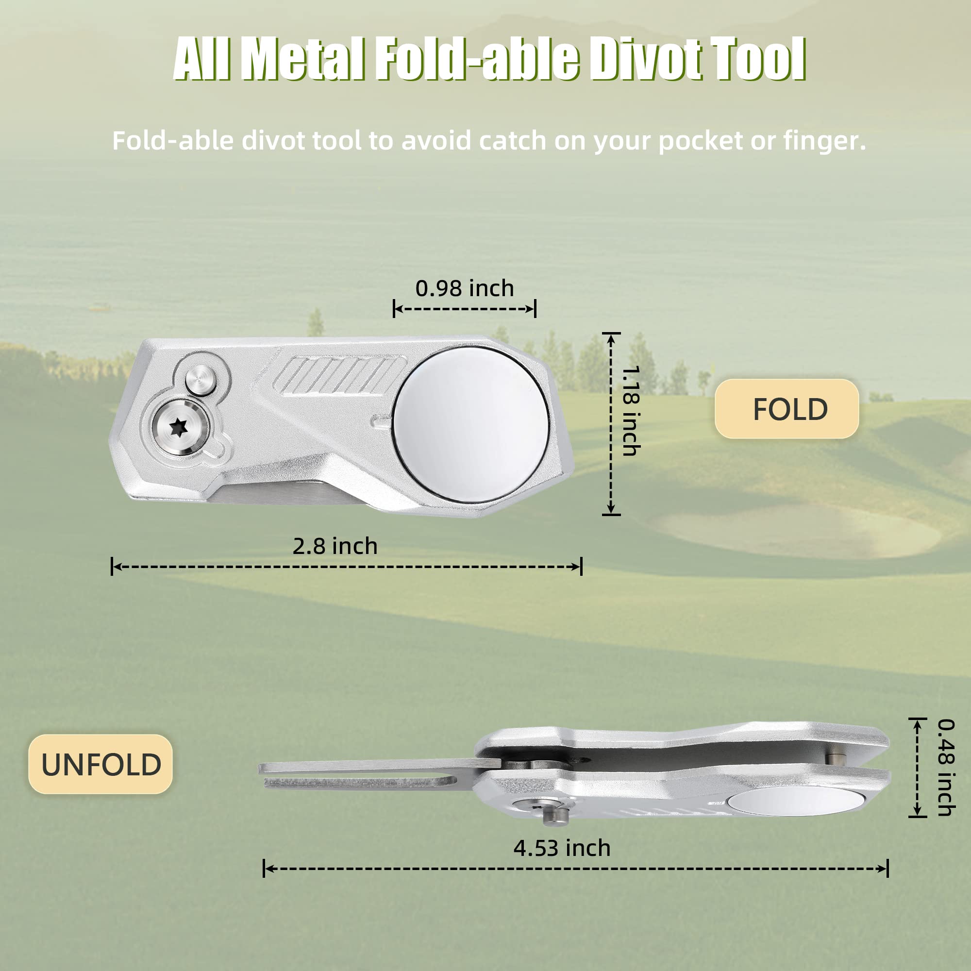 Premium All-Metal Foldable Golf Divot Repair Tool with Magnetic Ball Marker | Pop-Up Button Design | Durable Golf Accessories for Men | Perfect for Course Play & Practice Sessions