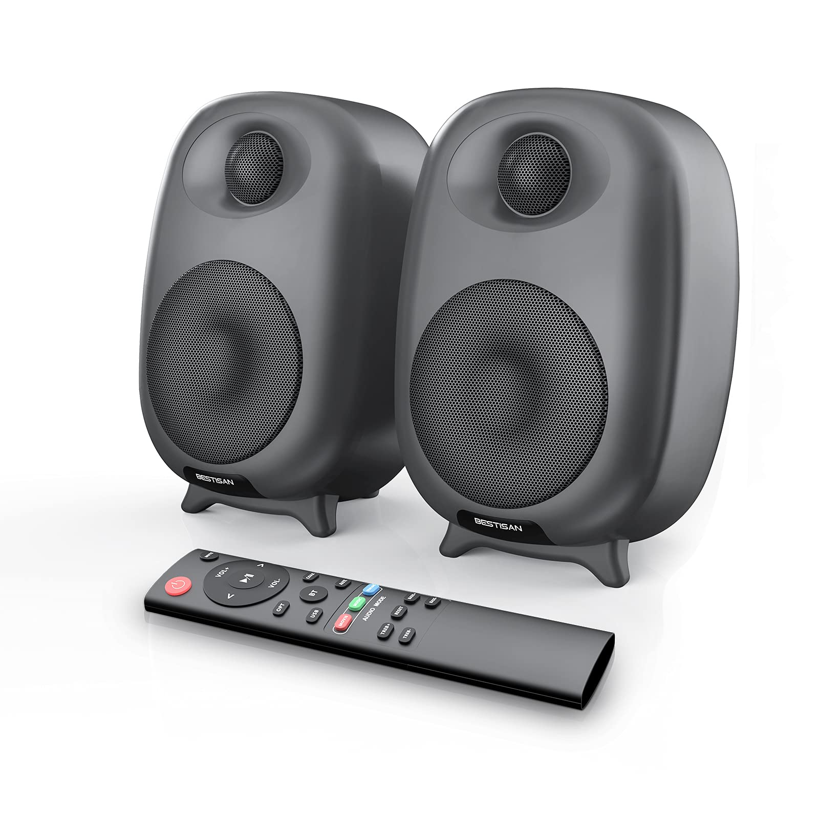 BESTISAN 60W Bluetooth Bookshelf Speakers - Wireless Studio Monitor with Bluetooth 5.0, Optical & Wired Input, Adjustable Bass/Treble, 3 Audio Modes (Gray) - Perfect for Home Theater, Gaming & Music Listening