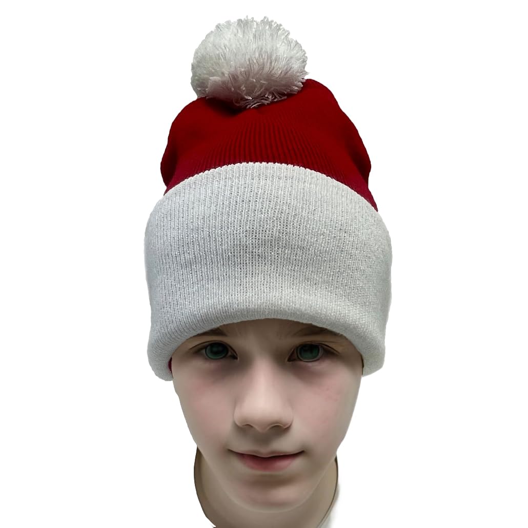 Unisex Red White Beanie Hat with/without Pom Pom - Warm Winter Knit Hat for Men & Women - Perfect for Costumes, Skiing & Cold Weather Outfits