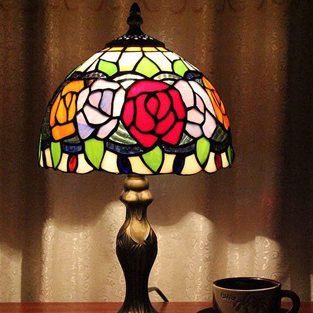 Tiffany Rose Stained Glass Table Lamp - 15 Inch Tall, 8 Inch Wide Shade, Antique Zinc Base with Bulb Included - Perfect for Living Room, Bedroom, Kitchen & Family Room Decor
