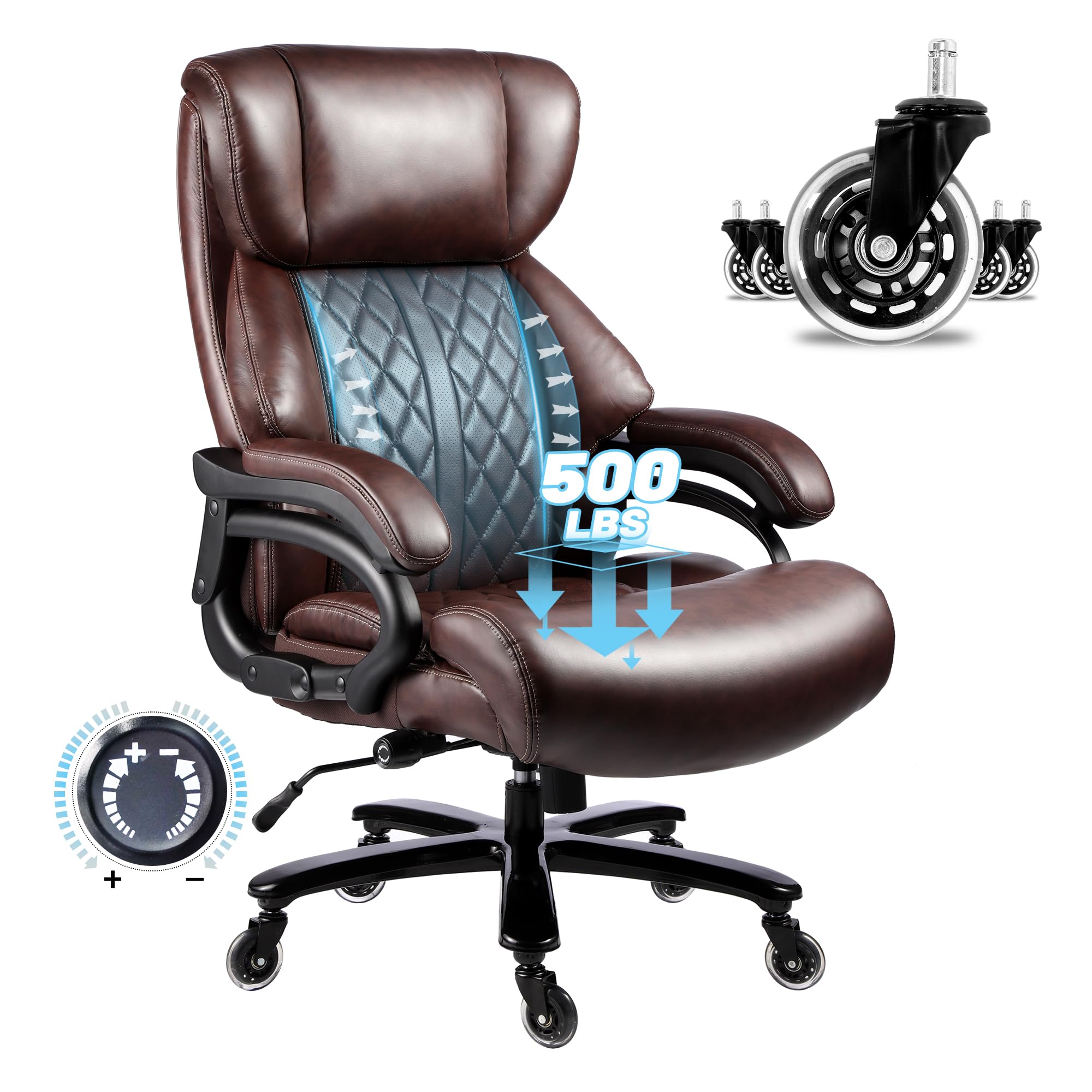Premium 500lbs Big and Tall Executive Office Chair - Heavy Duty Leather Desk Chair with Adjustable Lumbar Support & Quiet Rubber Wheels - Ergonomic Computer Chair for Large Adults - Perfect for Home Office, Conference Rooms & Executive Suites (Brown)