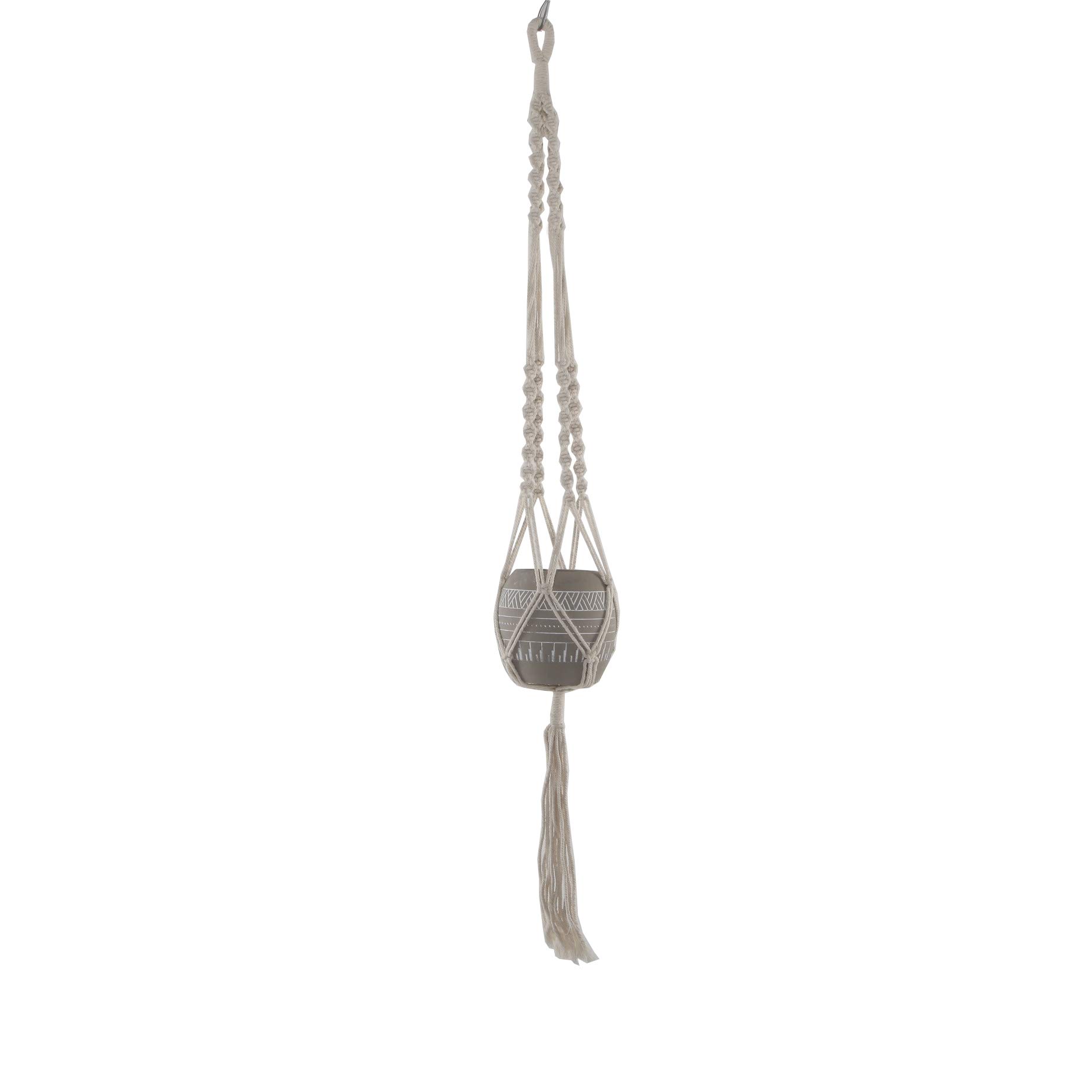 41 Inch Hanging Macrame Plant Holder with Aztec Ceramic Pot - Grey Boho Wall Decor for Living Room, Bedroom, or Patio