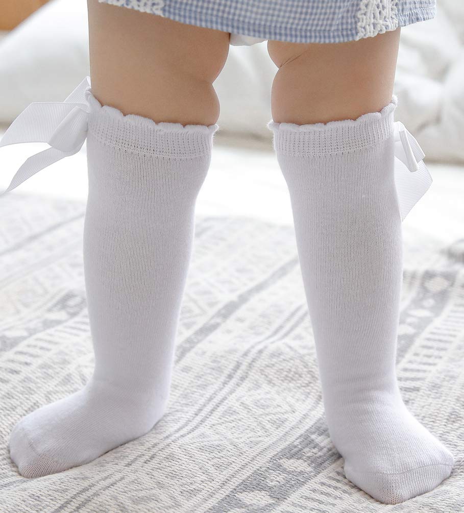 Maorrew 2 Pack Baby Girls Knee High Socks with Bows - Cotton Long Stockings for Infants & Toddlers - Soft Ruffled Uniform Leggings for School, Playtime & Special Occasions