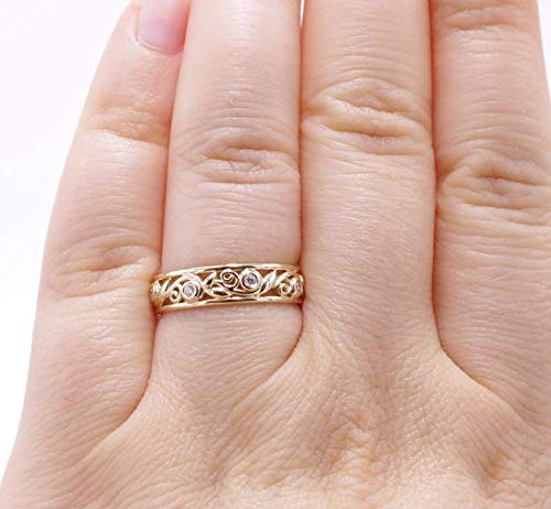 Vintage Rustic Leaf Filigree Eternity Diamond Wedding Ring - Scroll Pattern Feminine Wedding Band - Vintage Inspired Vine Leaf Design - Perfect for Engagement, Anniversary & Romantic Occasions