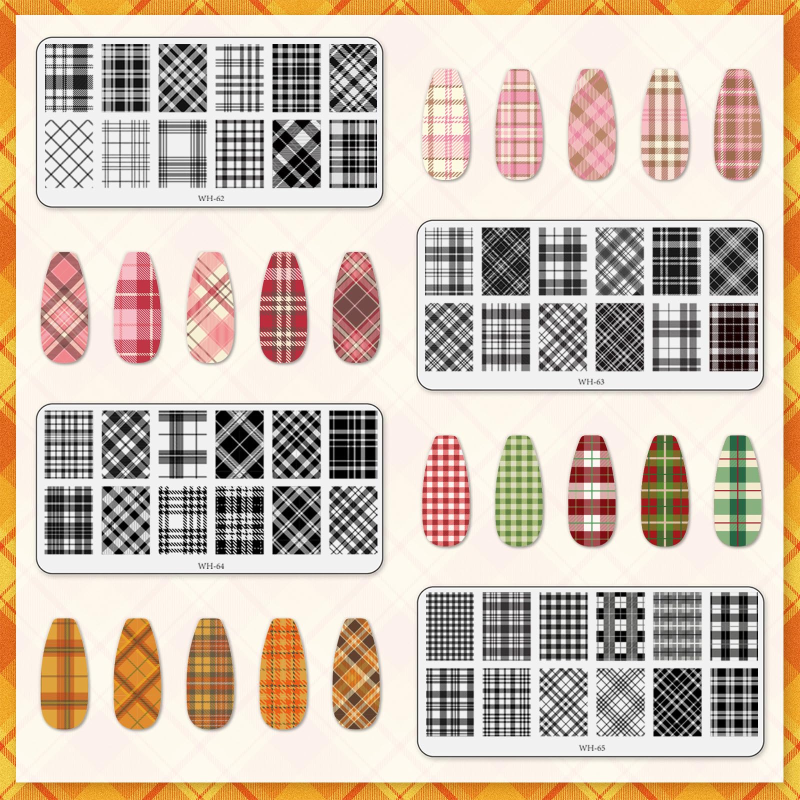 4 Sheet Plaid Nail Art Stamping Plates Kit - Rectangle DIY Nail Design Plates with Argyle & Fashion Patterns for Manicure & Salon Use | Perfect for Nail Art Enthusiasts & Professional Stylists