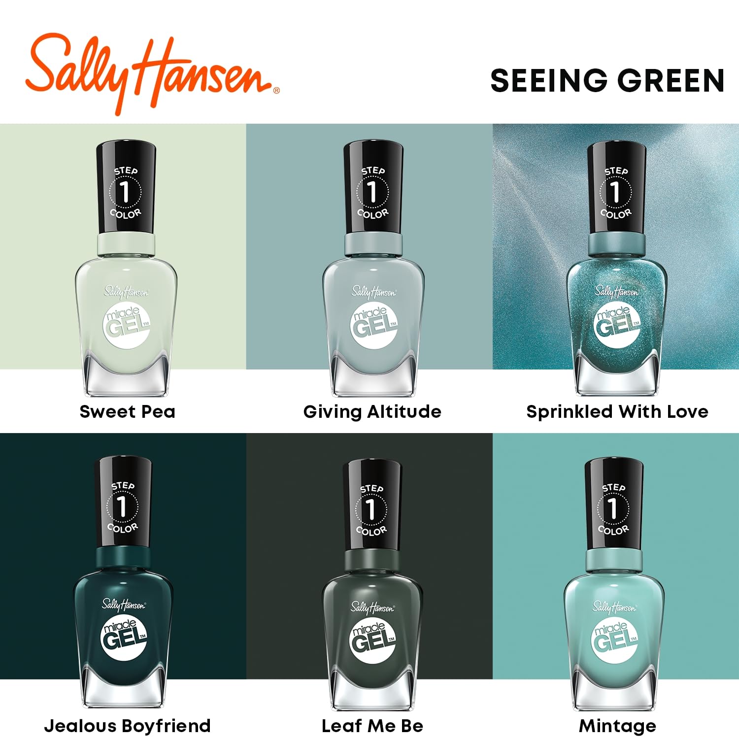 Sally Hansen Miracle Gel™ Nail Polish - Jealous Boyfriend Green, Long Lasting Gel-Like Formula, No UV Lamp Needed, Vegan & Cruelty-Free - Perfect for Manicures, Pedicures & At-Home Nail Care