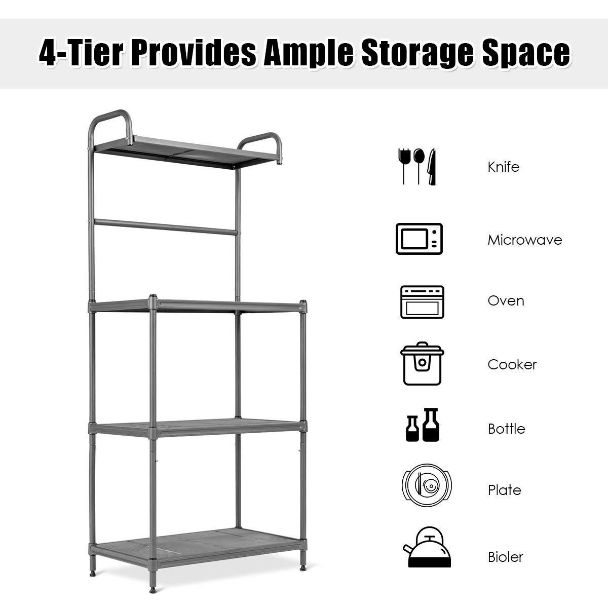 Giantex 4-Tier Heavy Duty Metal Bakers Rack - Kitchen Storage Shelf with Microwave Stand, Sturdy Wire Mesh Shelving Unit for Organizing Spices, Cookware & Small Appliances | Perfect for Home Kitchen, Pantry, Garage or Office Storage