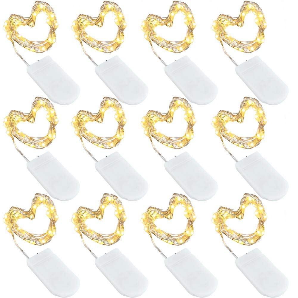 YKB 12 Pack Fairy Lights Battery Operated - 20 Small LED Lights on 6.6ft/2m Silver Copper Wire, Mini LED String Lights Powered by 2xCR2032 - Perfect for Mason Jars, Christmas Decorations, Weddings, Home Parties & Outdoor Events