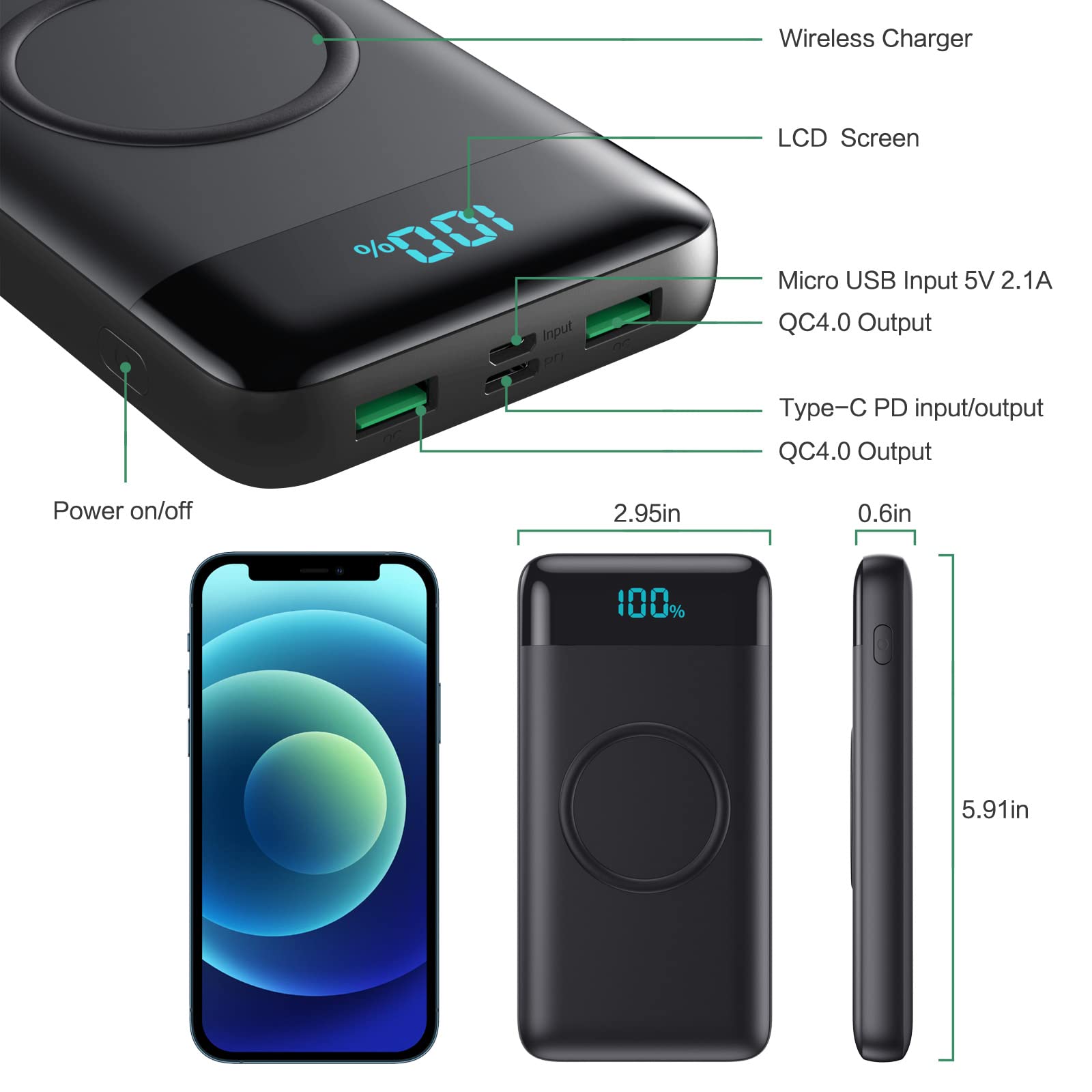 30,800mAh Wireless Portable Charger with 15W Wireless & 25W PD QC4.0 Fast Charging | Smart LCD Display USB-C Power Bank | 4 Output External Battery Pack for iPhone 16/15/14/13, Samsung Galaxy | Perfect for Travel, Camping, and Emergency Power Backup