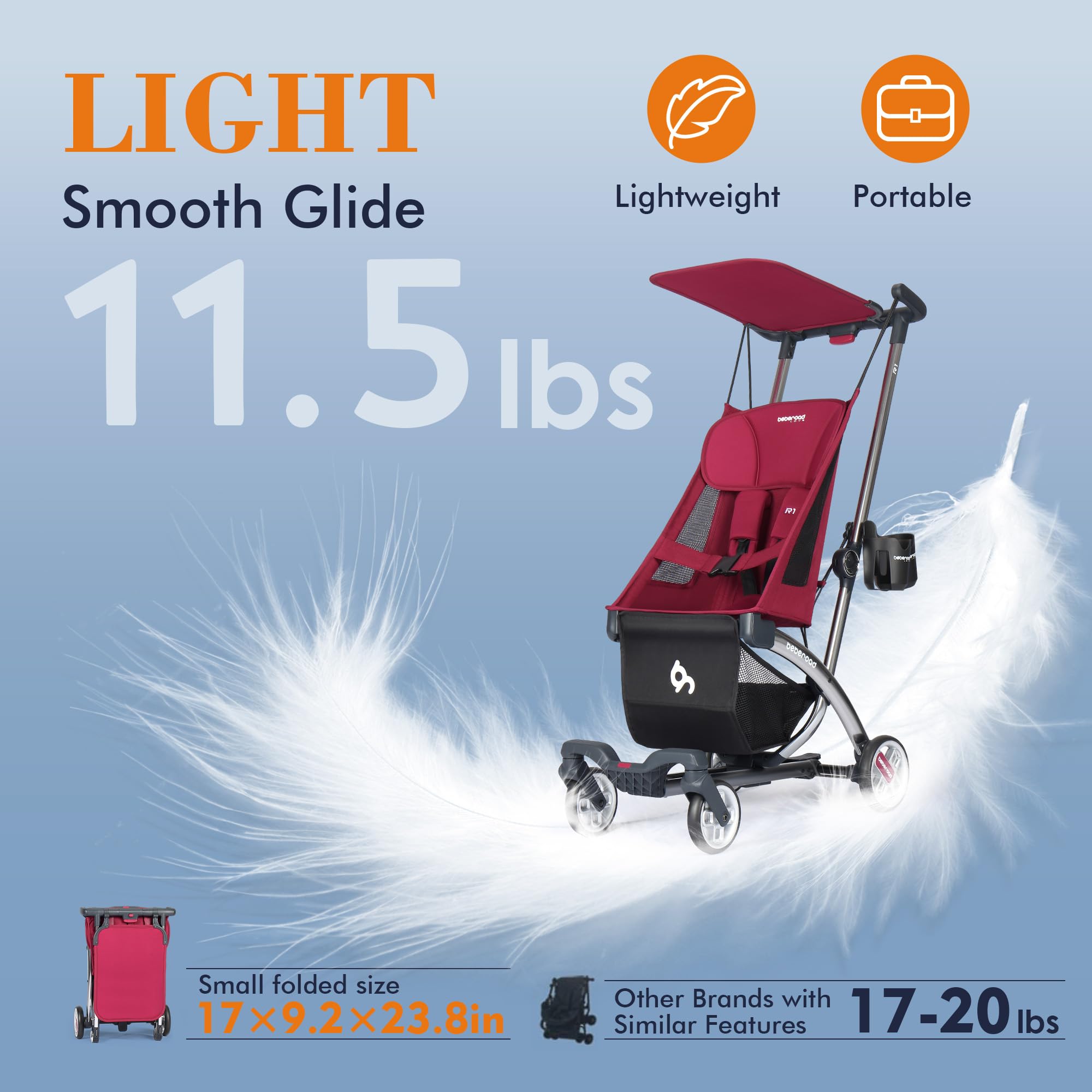 Beberoad Love R1 Auto-Folding Ultra Lightweight Travel Stroller for Airplane - Compact Baby Stroller for Infants & Toddlers (6-36 Months) - Only 11.5 lbs - Converts to Double Stroller - Red - Perfect for Air Travel, Shopping & Daily Outings