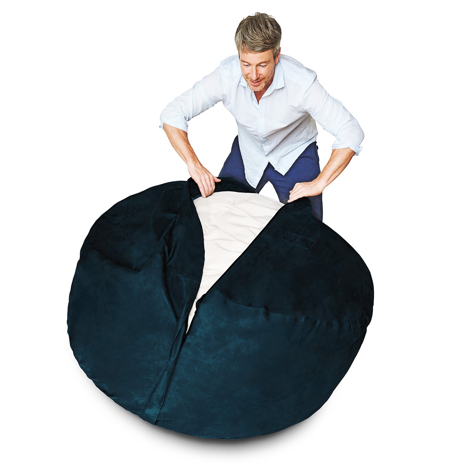 Lumaland Luxury Microsuede Bean Bag Cover - Machine Washable 4-Foot Replacement Cover with Navy Blue Inlay | Perfect for Living Room, Game Room & Dorm Decor