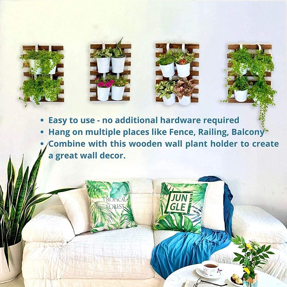 LaLaGreen Vertical Garden Kit - 2 Wooden Plant Holders & 10 Hanging Metal Flower Pots for Herbs, Flowers | Indoor/Outdoor Wall Decor, Patio Deck Gardening System, Green Living Space Solution