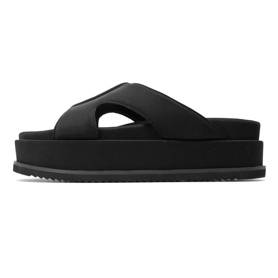 ROAM Women's Side Scoop Stack Platform Sandals - Black Neoprene Comfortable Summer Beach Shoes for Walking, Travel & Casual Outfits