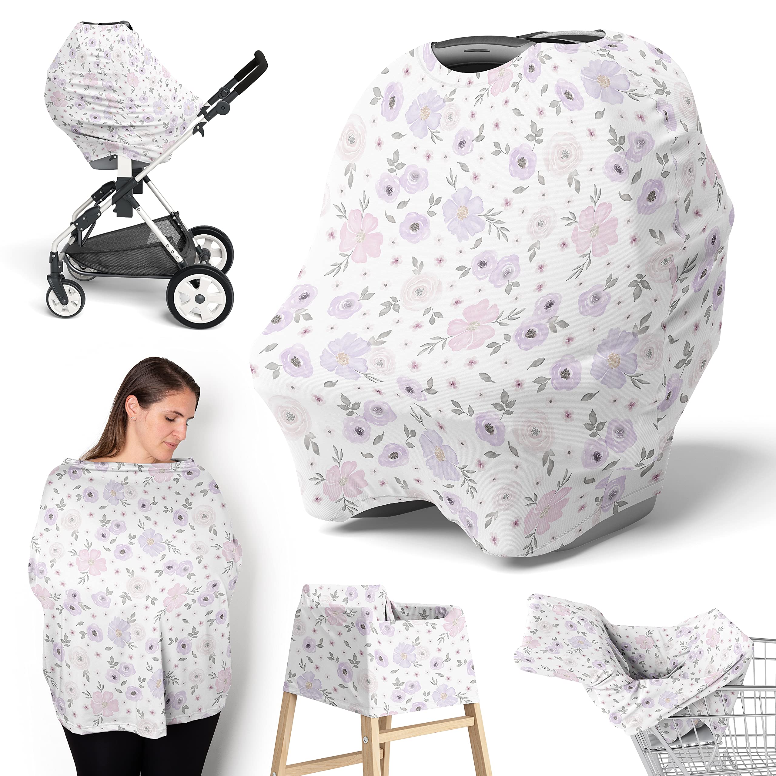 Sweet Jojo Designs Purple Watercolor Floral Baby Car Seat Cover - Nursing, Shopping Cart & Stroller Canopy in Lavender, Pink & Grey - Boho Chic Rose Flower Farmhouse Style for Infant Girls (Perfect for Breastfeeding, Grocery Shopping & Outdoor Walks)