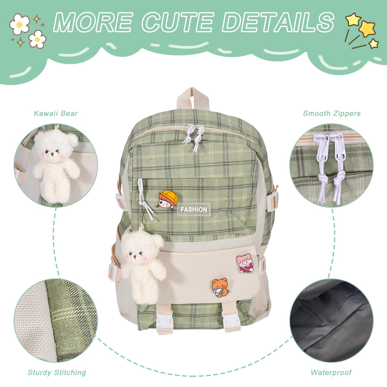 5Pcs Cute Kawaii Bear Canvas Backpack Set with Plaid Check Handle - School Backpack, Shoulder Tote Bag for Girls, Boys - Perfect for School, Travel & Daily Use